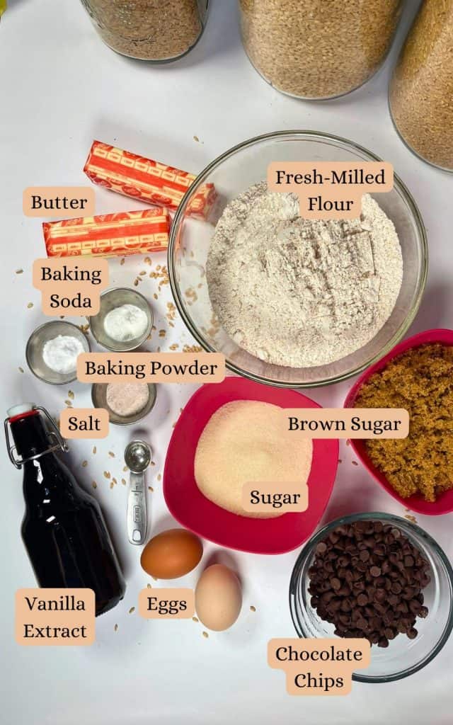 ingredients of chocolate chips cookies made with fresh milled flour