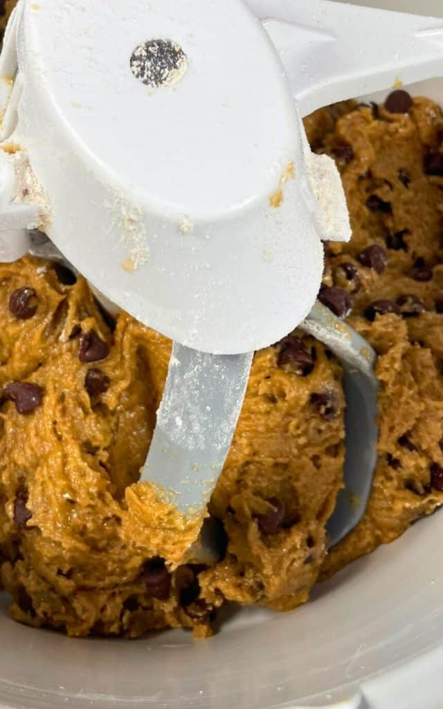folding chocolate chip cookies into dough