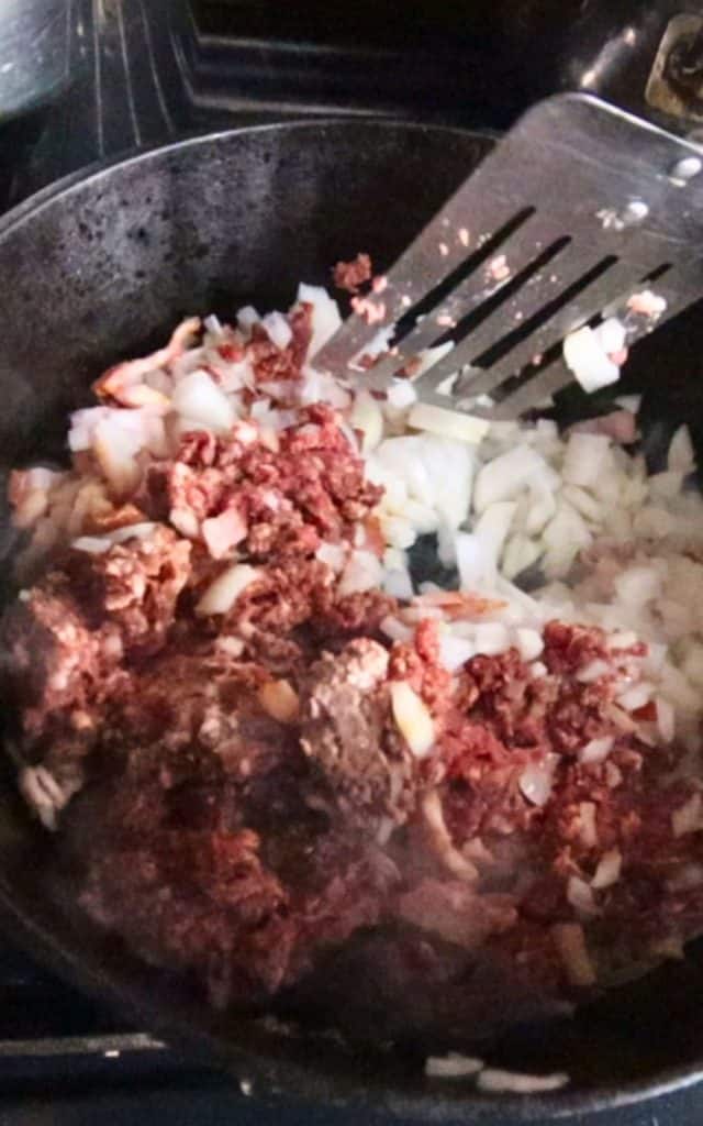 browning the bacon, ground meat and onions