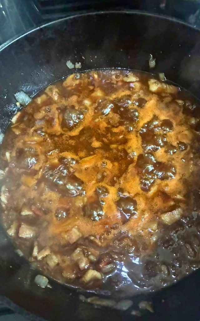 sauce simmering in Lennie's Bean Soup