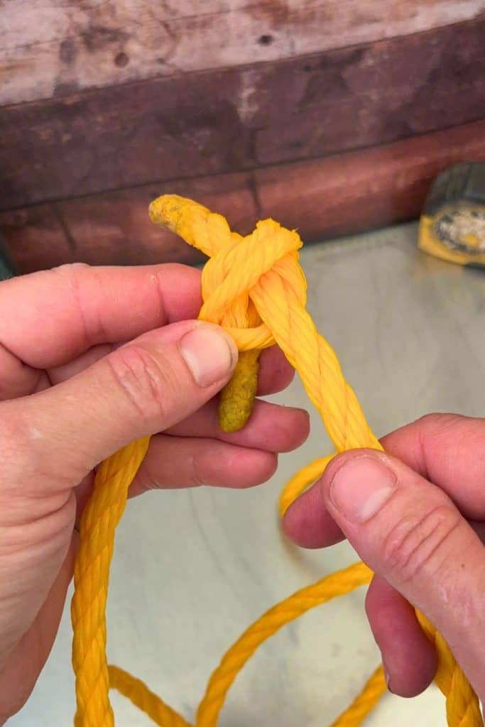 Feed lead rope end through the three loops
